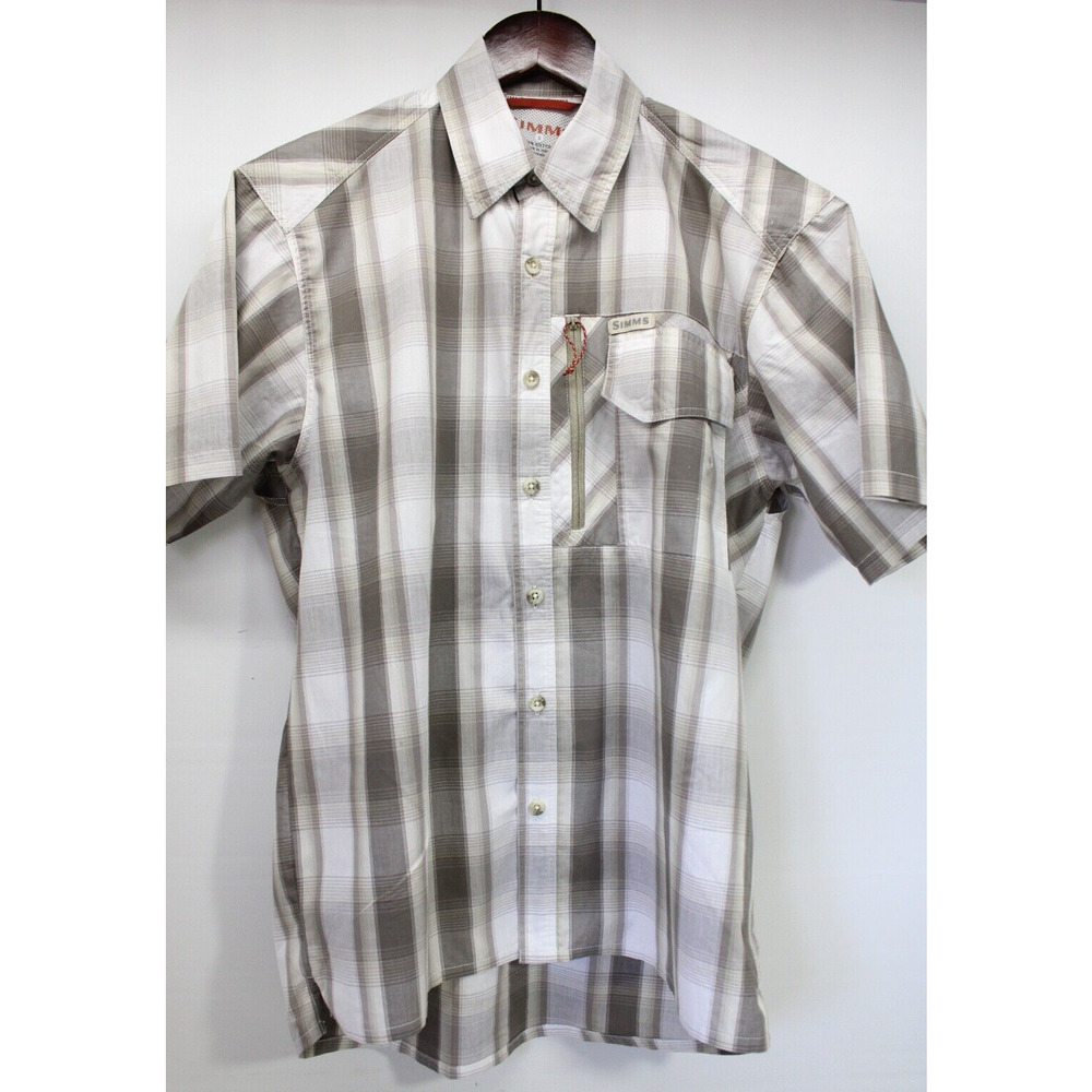 SIMMS FISHING SHIRT SHORT SLEEVE BUTTON FRONT TAUPE PLAID MEN'S SMALL